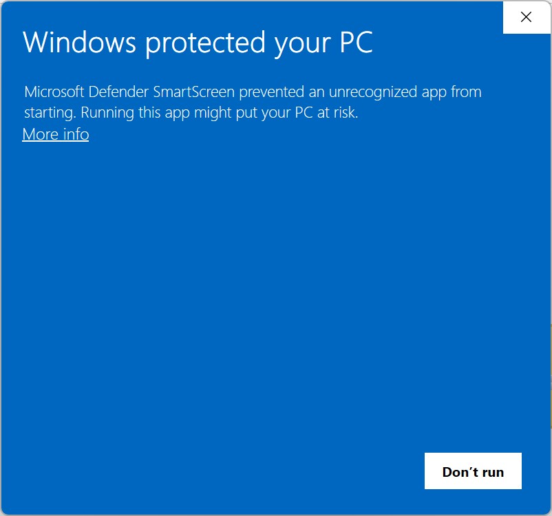 Windows protected your PC prompt