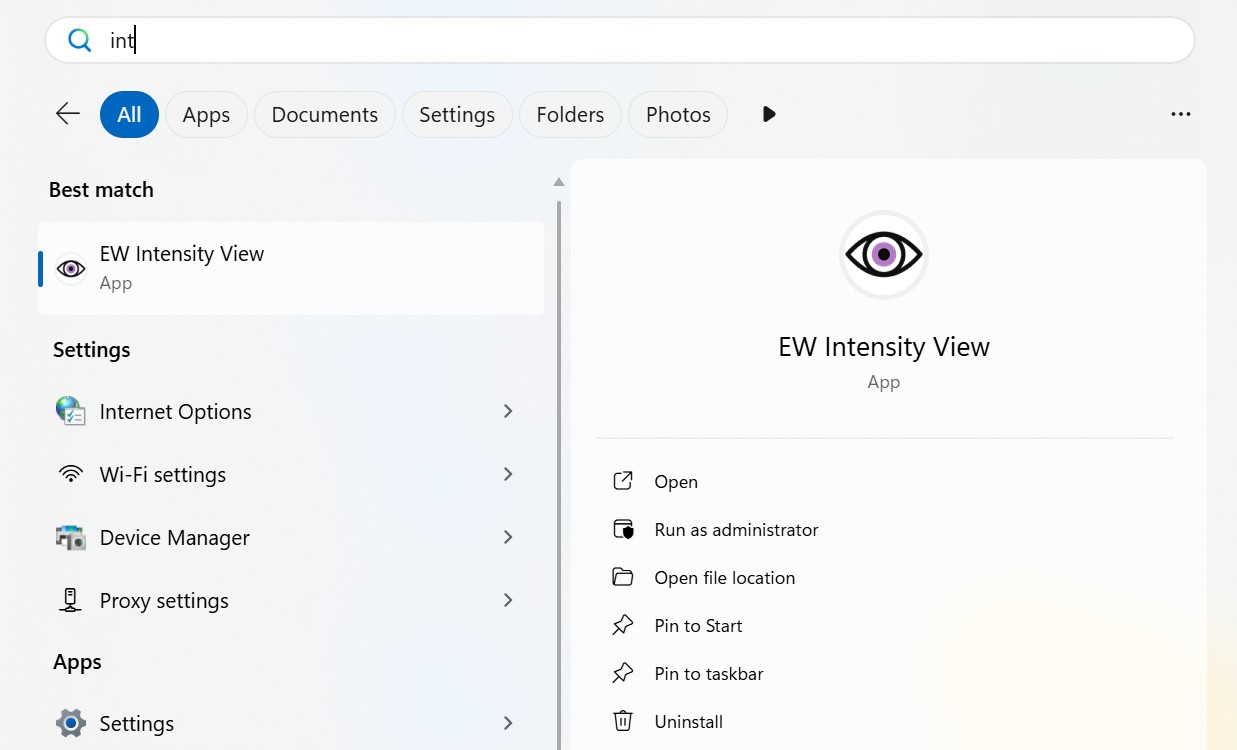 IntensityView in the Start menu