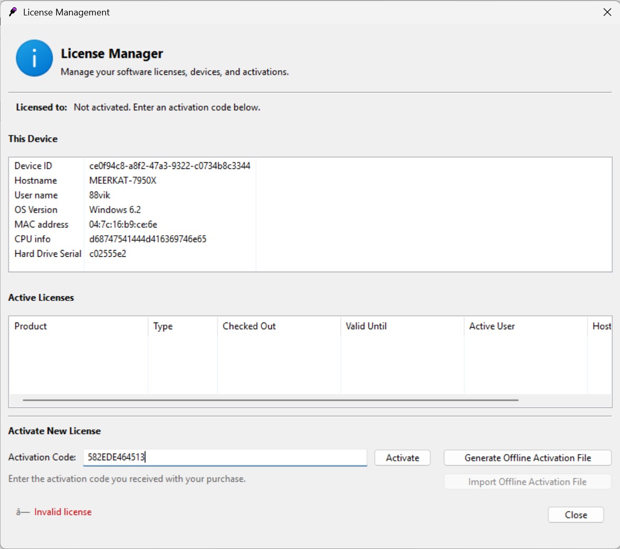 Paste activation code in License Manager